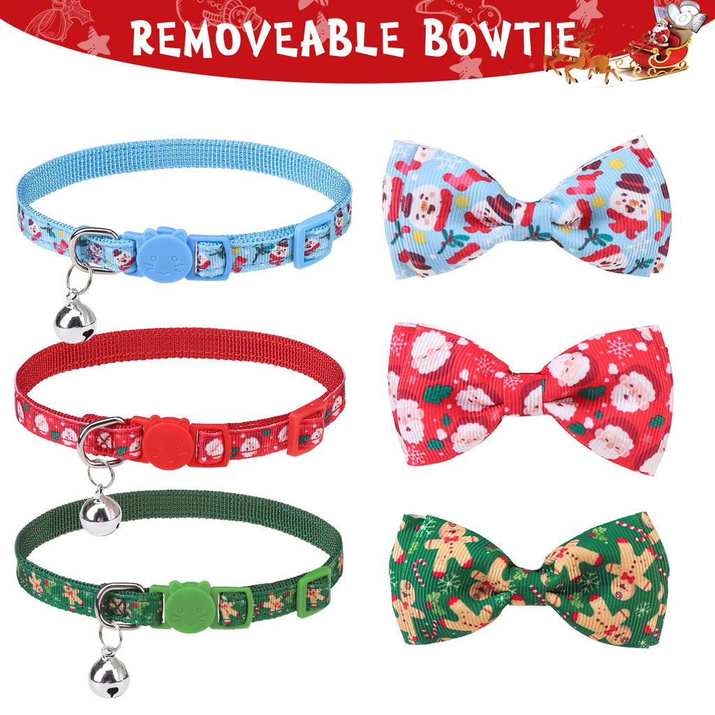 SCENEREAL Christmas Cat Collar Breakaway with Bells and Bow Tie- 3 Pack Cute Holiday Cat Collars- Xmas Kitten Collar Adjustable Safety Buckle for Girl Boy Cats Dogs Pets