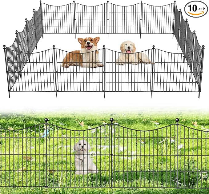 10 Panels No Dig Dog Fence Outdoor for Yard, 24 in(H) X 20 ft(L) Decorative Tall Garden Fence Animal Barrier, Rustproof Metal Wire Garden Edging and Borders, Temporary Fencing Stakes