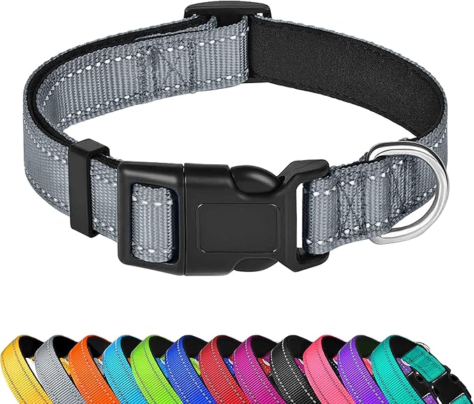 PWOD Reflective Dog Collar, Adjustable Soft Neoprene Padded Nylon Pet Collars with Buckle for Small Dogs, Gray,S