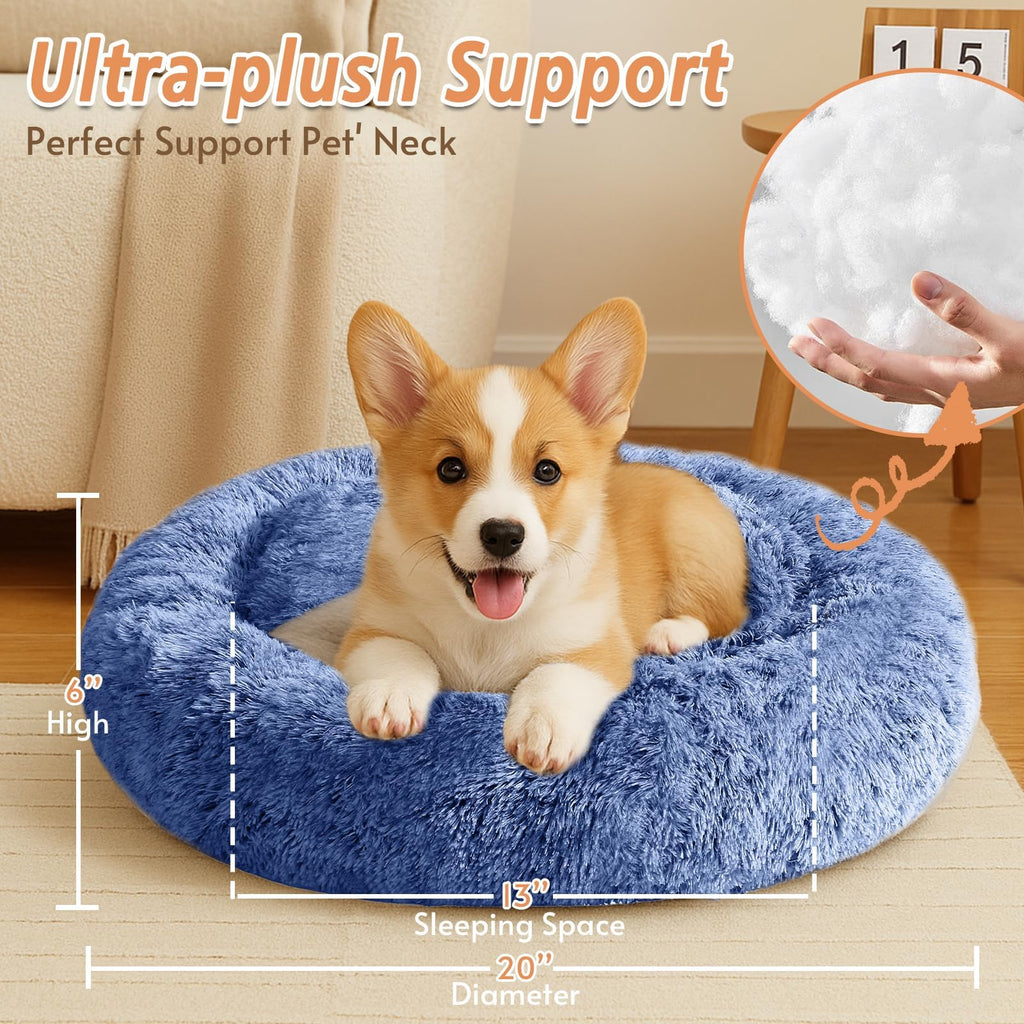 JOLLYVOGUE Calming Small Dog & Cat Bed for Indoor Cats - 20 inches Washable Donut Bed for Kittens & Puppies, Anti-Anxiety Round Fluffy Plush Pet Beds (Fits up to 15 lbs, Navy Blue)