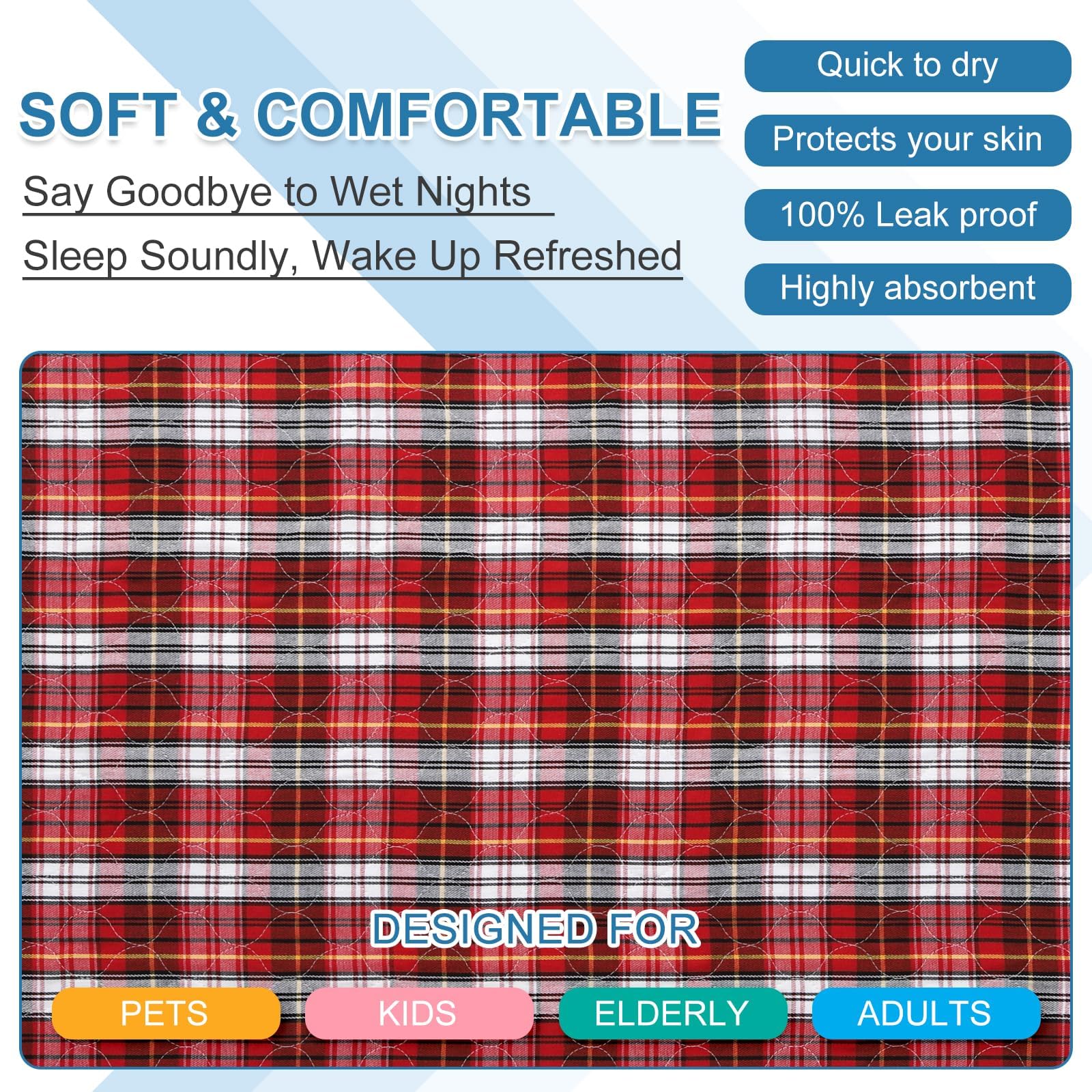 OUTCREATOR® Washable Bed Pads 34" x 54" (Pack of 2) for Incontinence Mattress Protector, Reusable Underpads for Elderly, Adults, Kids, Pets with Anti-Slip Bottom (Red Plaid)