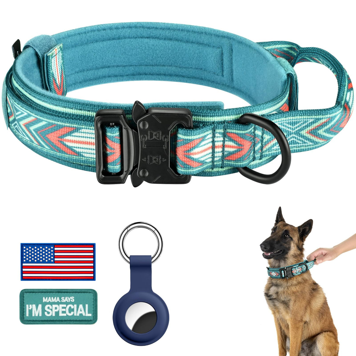 DAGANXI Tactical Dog Collar, Adjustable Military Training Nylon Dog Collar with Control Handle and Heavy Metal Buckle for Medium and Large Dogs, with Patches and Airtags Case (L, Pink)