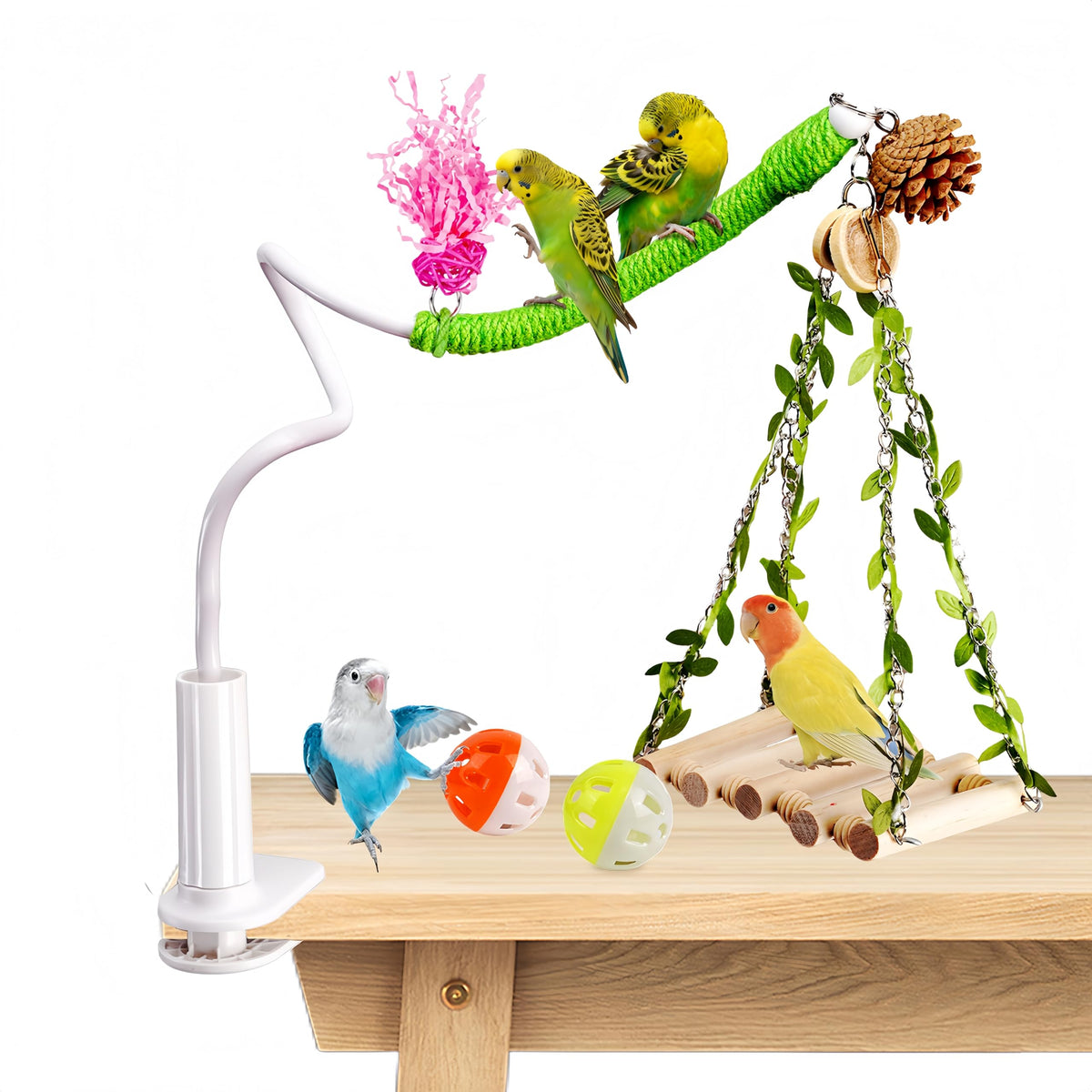 ZooVibe Bird Perch with Swing, Movable Desktop Stand with Clamp