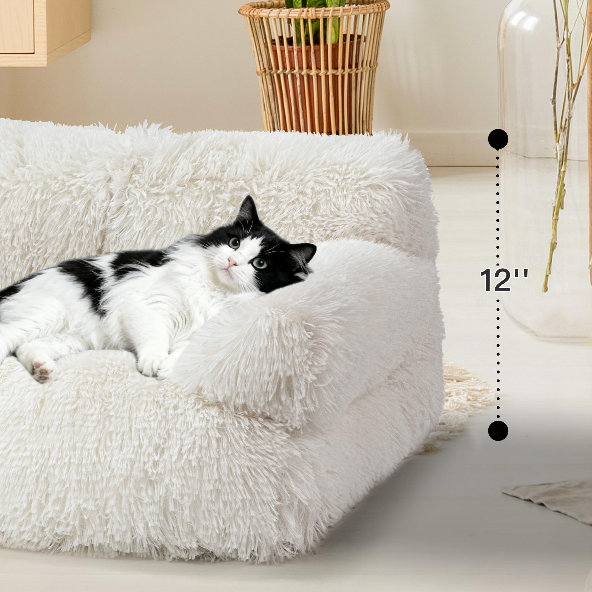 FURMORENE Large Cat Beds for Indoor Cats, Dog Couch Bed, Cute Cat Couch Sofas for Less 20lbs Kitten Puppy, Small Dog Sofas & Chairs with Removable Washable Cover, Soft Warm Pet Furniture, Plush White