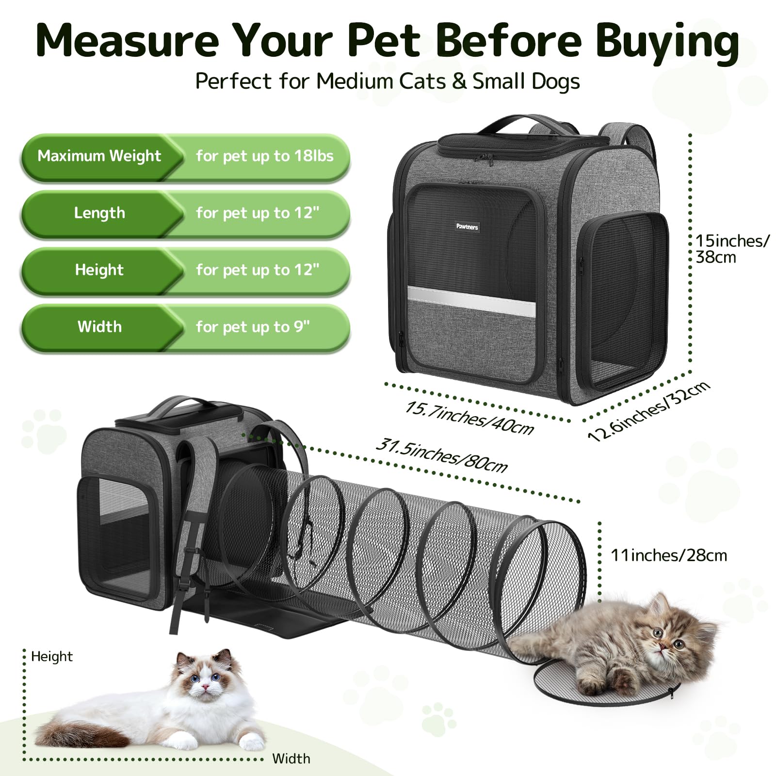 Pawtners Cat Backpack with Play Tunnel, Design for Carrying Playing Grey