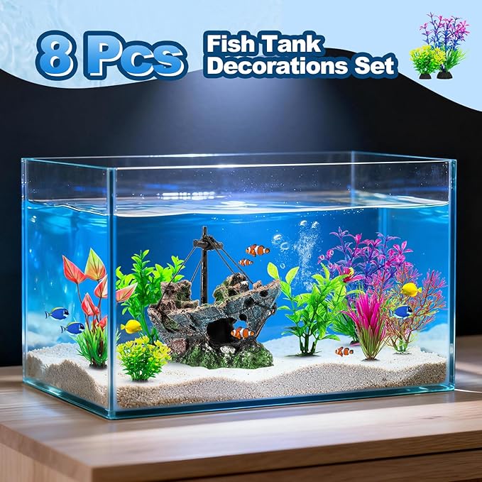 Xereooe 8Pcs Fish Tank Decorations Set Sunken Ship Decoration,Resin Material Fish Tank Accessories Accessories for Natural Look, Aquarium Shipwreck x 1pc, Aquatic Plants x 7pcs