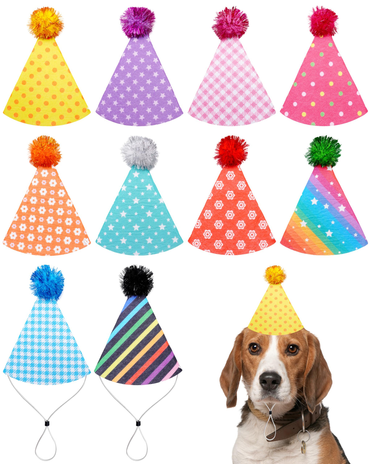 PET SHOW 10 Pack Small Party Hats for Medium Dogs Birthday Stuffed Animals Puppy Adjustable Headband Colorful Holiday Felt Hats Pet Grooming Costume Accessories