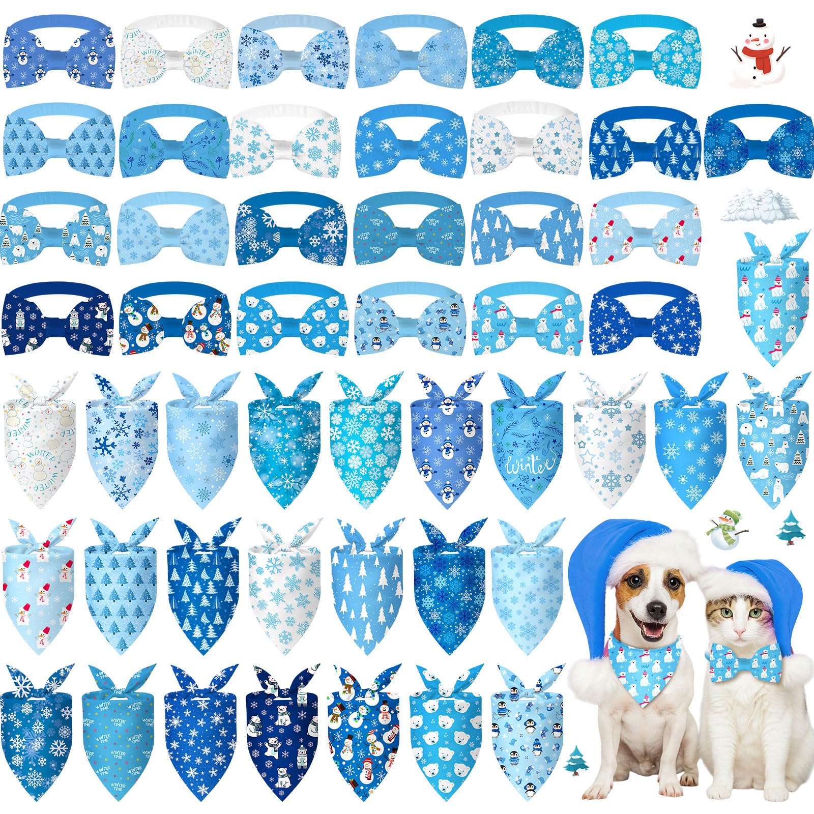 Sanwuta 50 Pcs Winter Dog Bandanas Bulk and Charm Collar Bow Ties Set 25 Snowflake Bandanas for Dogs 25 Snowflake Doggie Collar Triangle Cat Scarf Bowtie for Small Medium Large Pet Winter Costume