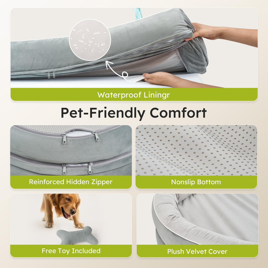 CWAWZ Large Orthopedic Dog Bed, 36 in. Dog Bed for Large Sized Dogs with Full-Surround Bolsters, Dual-Sided Dog Cooling Beds with Memory Foam, Washable Pet Sofa Couch with Nonslip Bottom, Light Grey