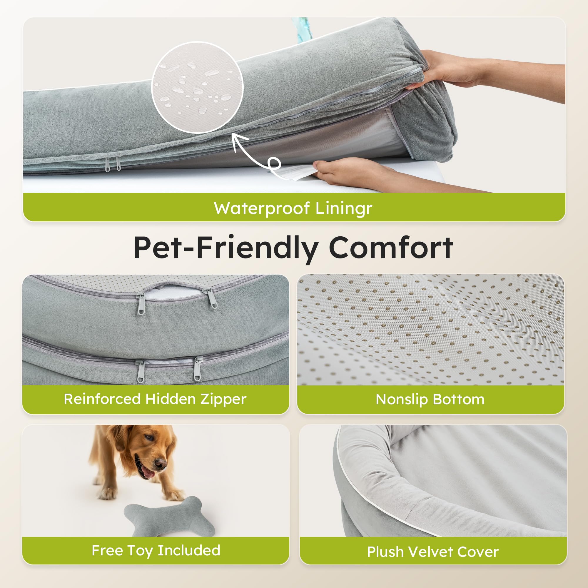 CWAWZ Large Orthopedic Dog Bed, 36 in. Dog Bed for Large Sized Dogs with Full-Surround Bolsters, Dual-Sided Dog Cooling Beds with Memory Foam, Washable Pet Sofa Couch with Nonslip Bottom, Light Grey
