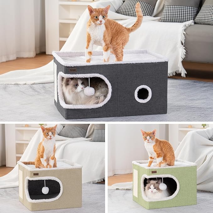 Garnpet Cat Bed for Indoor Cats Cube House, Covered Cat Cave Beds & Furniture with Scratch Pad and Hideaway Tent, Cute Modern Cat Condo for Multi Small Pet Large Kitten Kitty, Navy