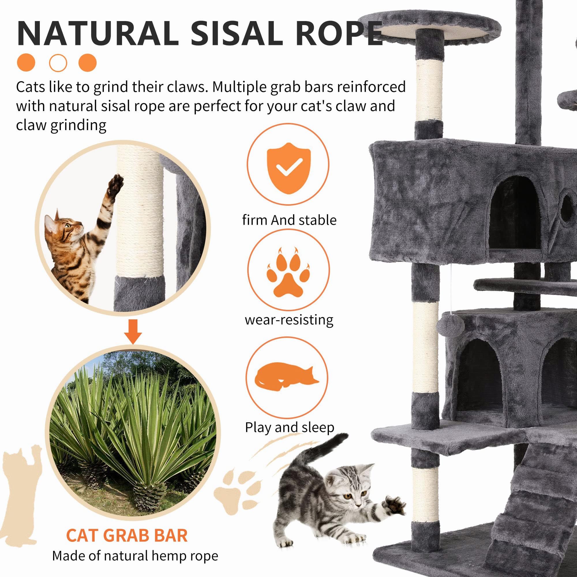 GINMAON Cat Tree for Indoor Cats, Multi-Level Cat Tower with Scratching Posts & Cozy Condo, Space Saving Cat Activity Center, Durable Pet Play House (54in,Light Gray)