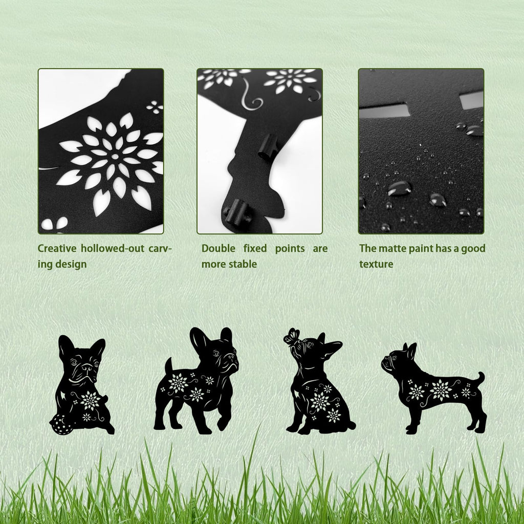 Yonisun 4 Pack Bulldog Metal Garden Decorative Stakes, Weather Proof Puppy Silhouette Statues for Yard, Patio,Outdoor Decor for Bulldog Lovers and Pet Owners