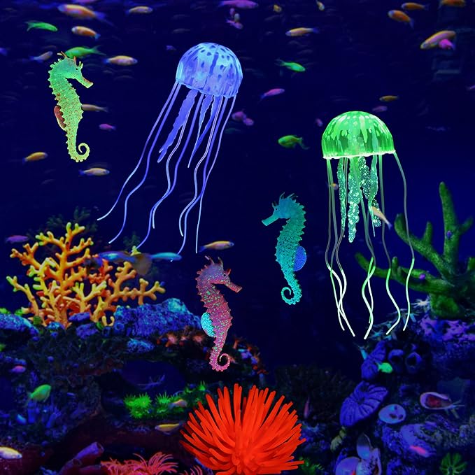 Lpraer 4 Pack Glow Aquarium Decorations Branch Coral Reef Mushroom Seaweed Simulation Glow Plant Glowing Effect Silicone for Fish Tank Decorations