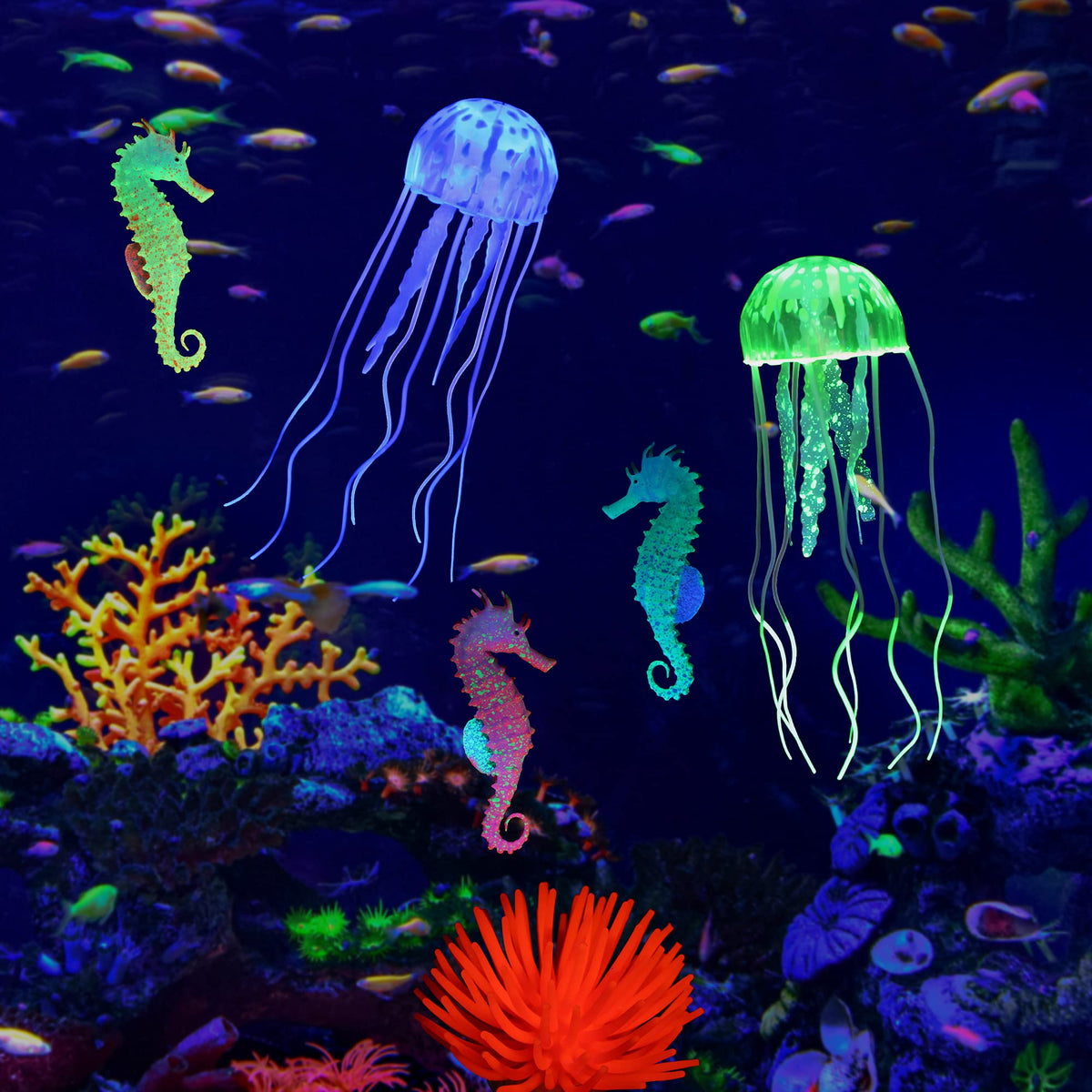 Lpraer 4 Pack Glow Aquarium Decorations Branch Coral Reef Mushroom Seaweed Simulation Glow Plant Glowing Effect Silicone for Fish Tank Decorations