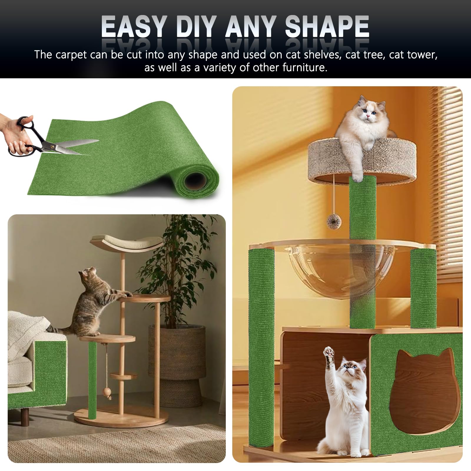 2Pack Total 78.7"x15.8" Cat Scratch Mat for Cat Couch Furniture and Wall Protector | Trimmable Self-Adhesive Carpet Climb Cat Scratcher for Covering Cat Tower and Replacement Pads (Green)