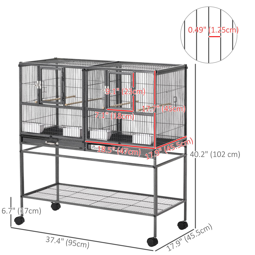 PawHut Divided Breeder Bird Cage with Rolling Stand Removable Metal Tray