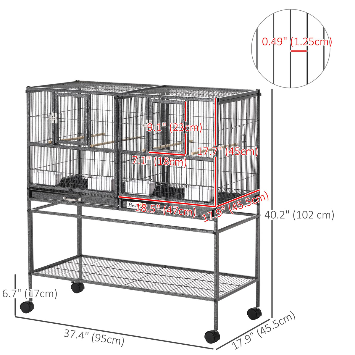 PawHut Divided Breeder Bird Cage with Rolling Stand Removable Metal Tray