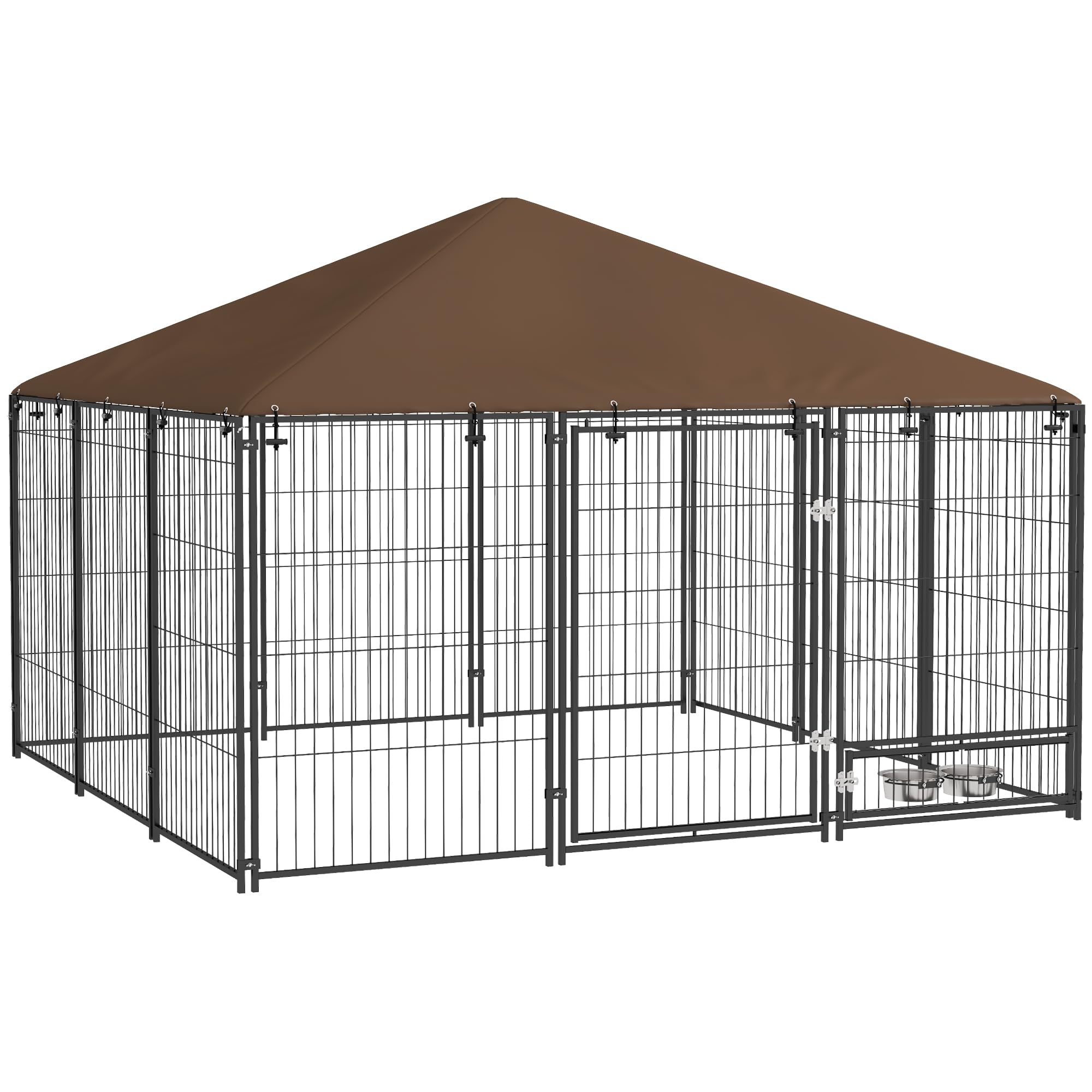 PawHut Outside Dog Kennel, 7' x 7' x 5' Puppy Play Pen with Canopy, Garden Playpen Fence Crate Enclosure Cage Rotating Bowl, for Dogs, Chickens, Ducks, Black