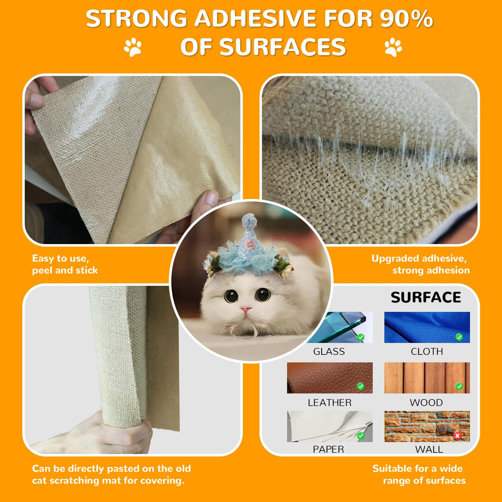 Jute 78.7"x15.8" Trimmable Cat Scratching Mat for Furniture Protector,Versatile Self-Adhesive Anti Cat Scratch Pad for Couch Protection&Cat Scratcher Tree/Post/Wall/Board/Twine Replacement