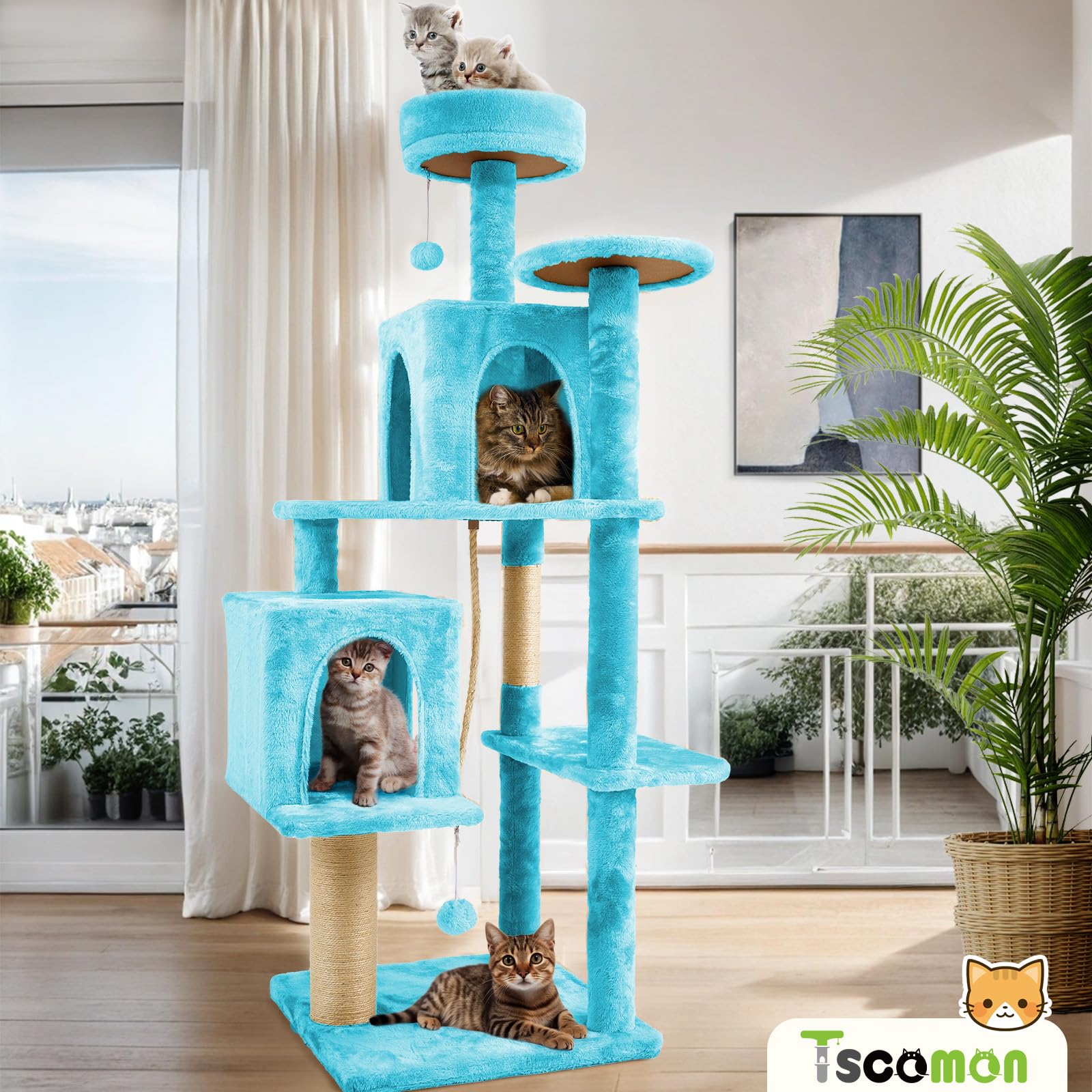 TSCOMON 58.5inch Large Cat Tree Tower Condo for Indoor Cats, Soft Plush Multi-Level Climbing Tree Cat House, Scratching Post, More Entrance/Exit, Sisal Rope, Peacock Blue
