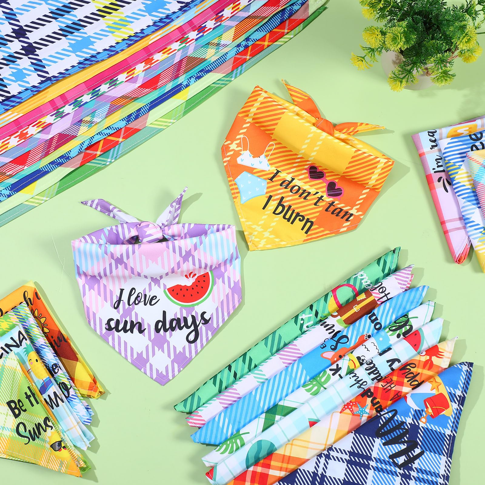 Sweetude 100 Pcs Summer Plaid Dog Bandana Bulk with Sayings Hawaii Bandana Pet Scarf Triangle Bibs Washable Puppy Kerchief Adjustable Grooming Supplies for Small Medium Large Dog Cat Accessories