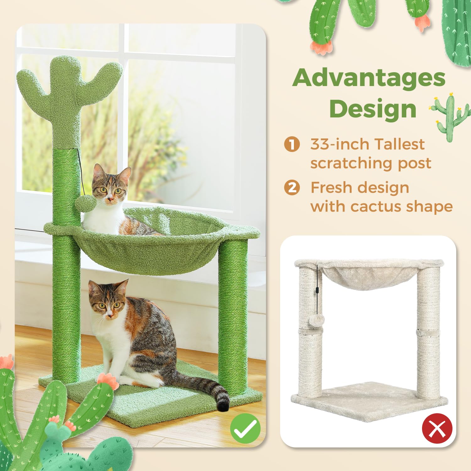PAWZ Road Cactus Cat Scratching Post, 33" Cat Tree with Hammock & Scratch