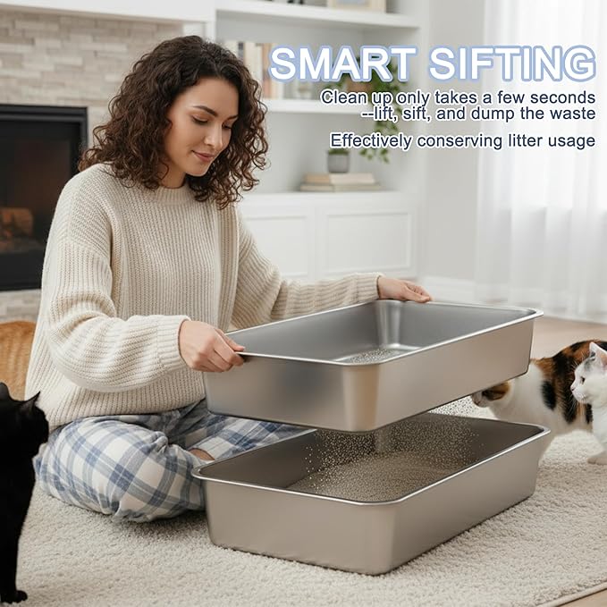 Teheao Stainless Steel Sifting Cat Litter Box for Clumping Litter, XL Extra Large Metal Sifter Tray Pan with Cat Litter Bag, Low Dust, Odor Control, Easy Cleaning (23.6"*15.7"*5.9")