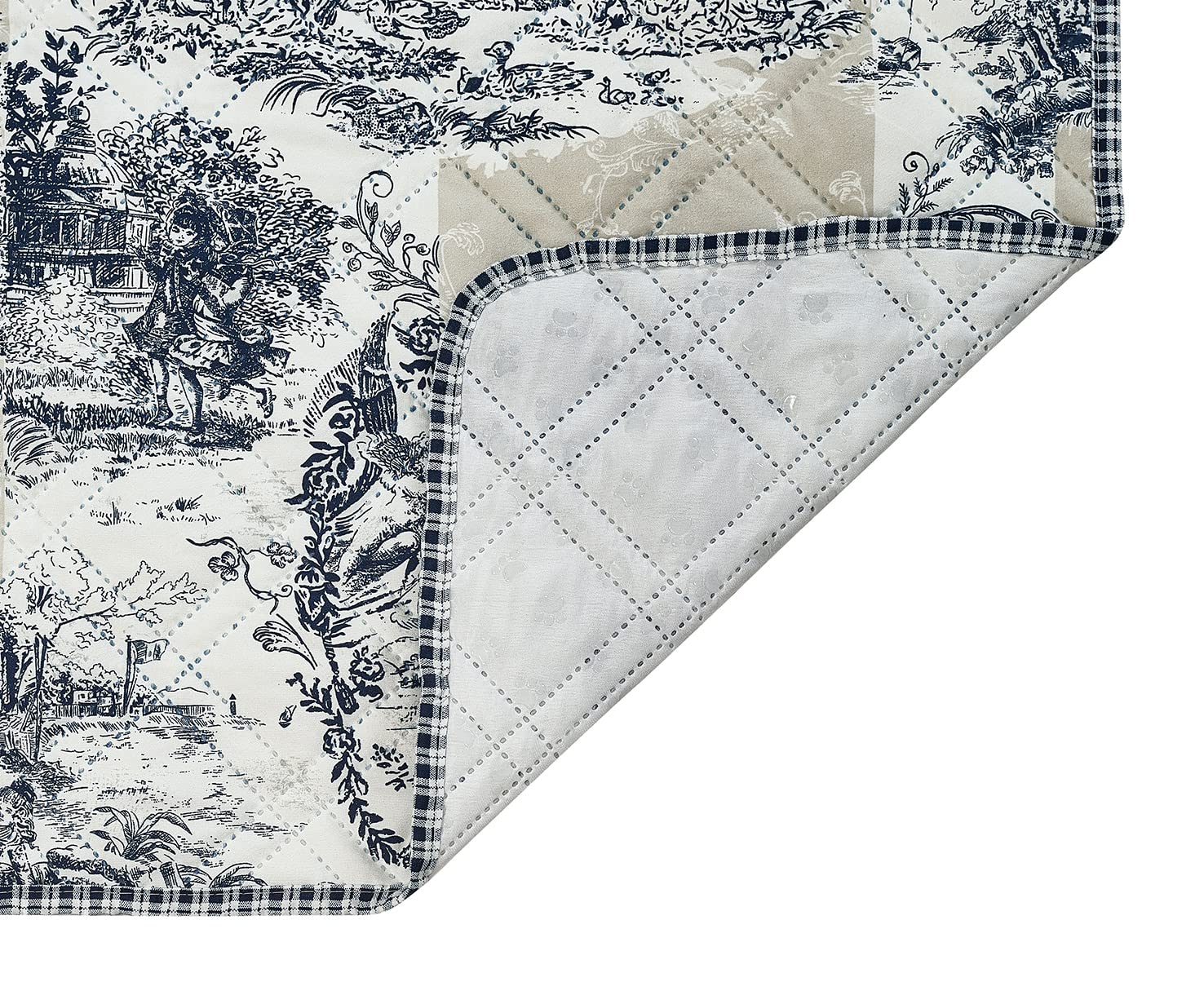 Brilliant Sunshine Quilted Calming Dog Bed Mat, Removable Washable Cover, Cushion Protector and Couch Covers for Dogs, Pets, Cats, Medium, Blue Beige Toile