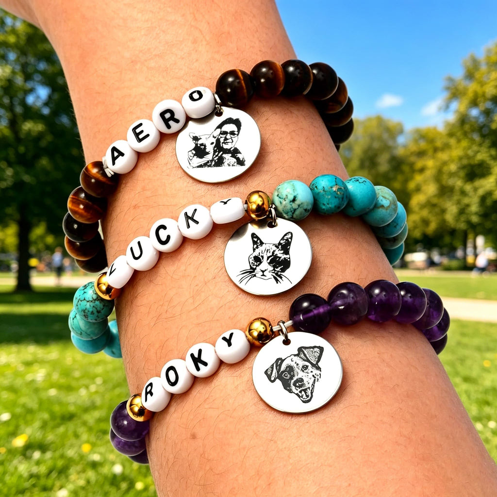 Cring Coco Custom Pet Portrait Bracelet Dog Cat Loss Memorial Keepsake Gift, Photo Engraved with Name Stretch Natural Stone Bracelets Funeral Jewelry,Initial Peanuts in Memory Remembrance Cat Dog