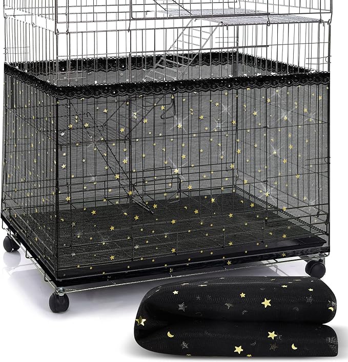 Shappy Large Bird Cage Birdcage Nylon Mesh Net Cover Seed Feather Catcher Universal Birdcage Cover Bird Seed Guard Skirt for Parakeet Macaw African Square Cage (Black Star Style, XL)