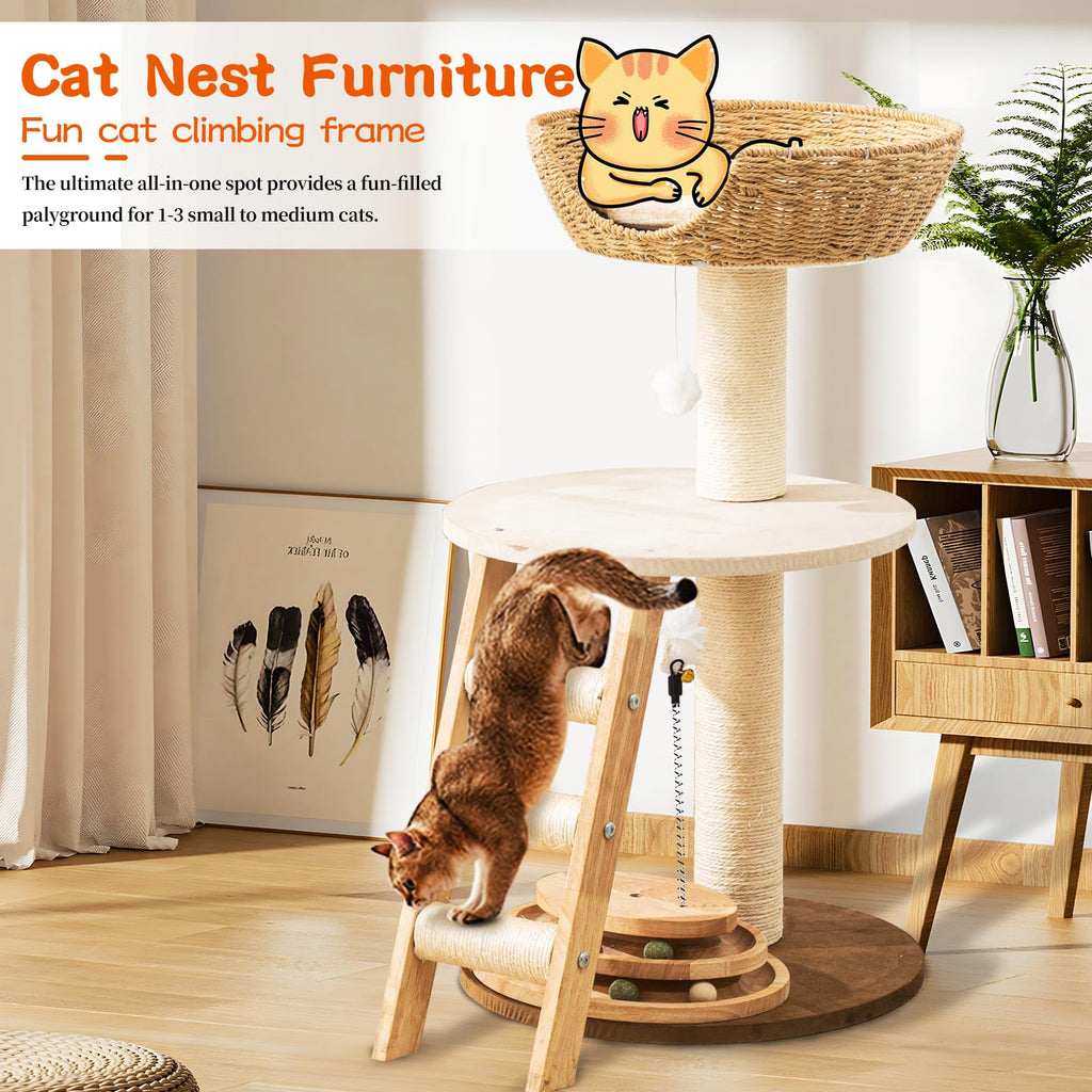 Hiyong Modern Cat Tree for Indoor Cats, 30 in Cat Tower with Basket Bed