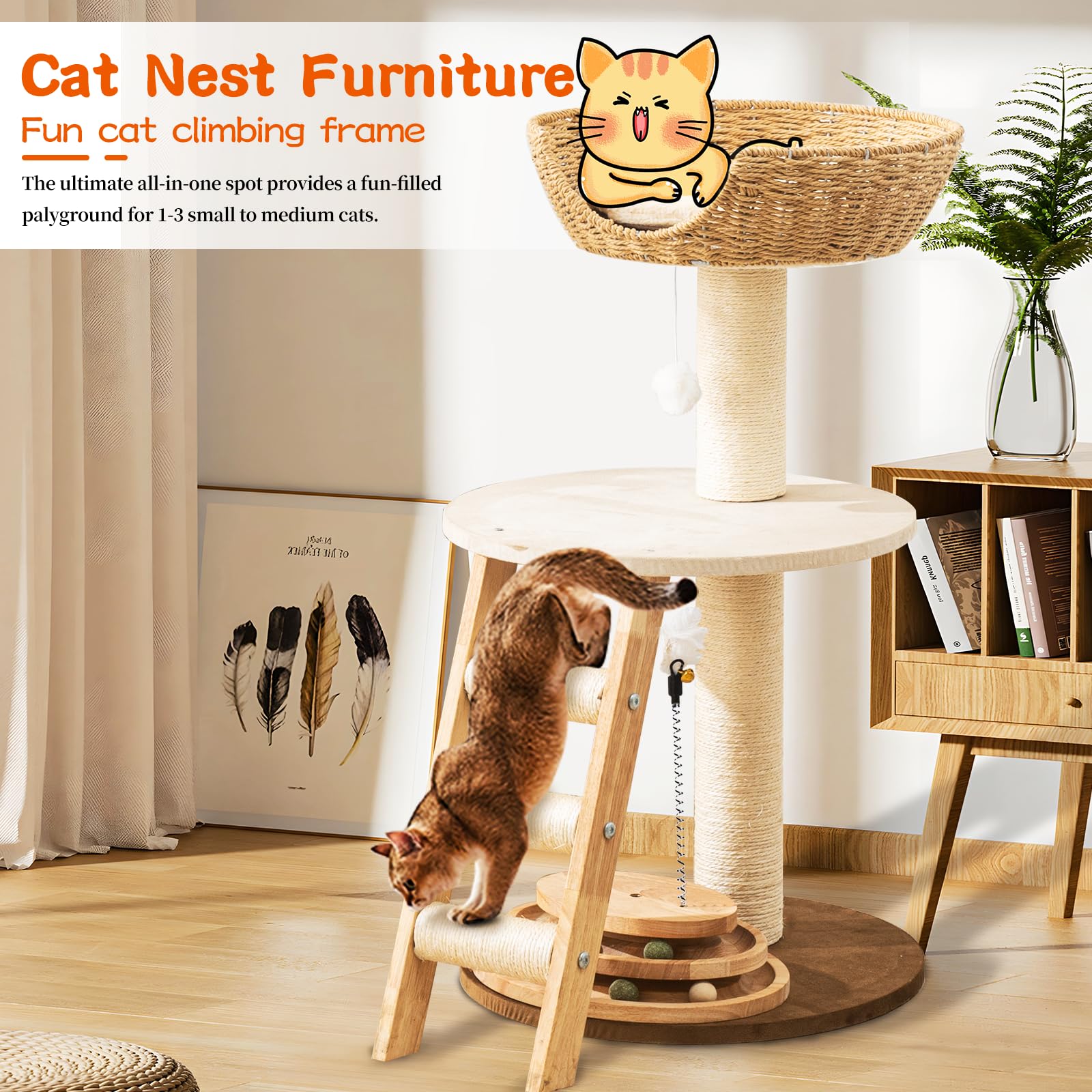 Hiyong Modern Cat Tree for Indoor Cats, 30 in Cat Tower with Basket Bed