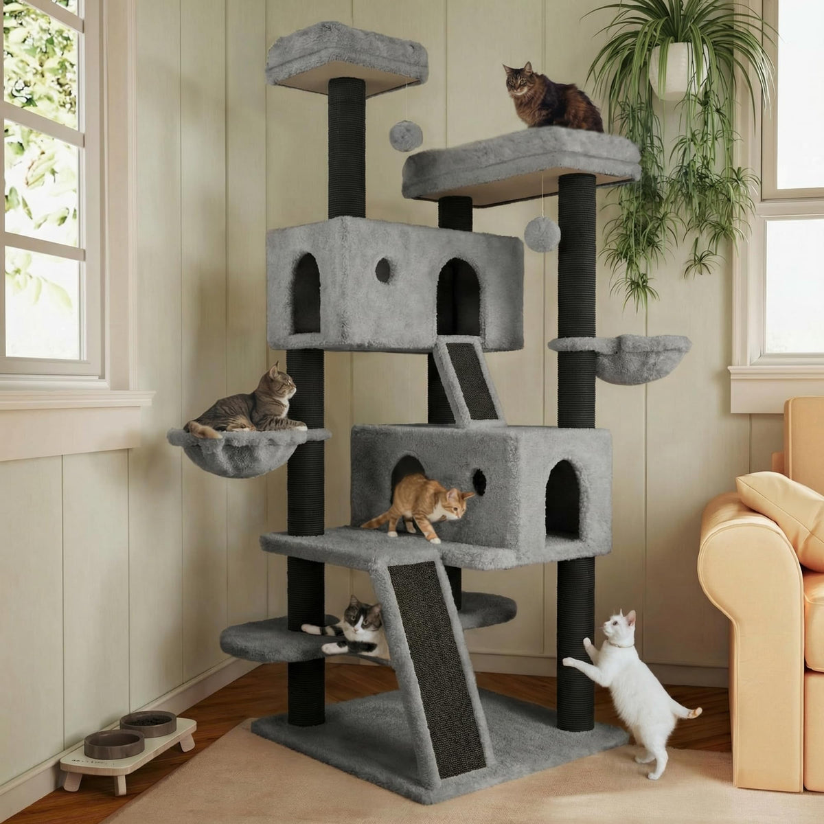 MUTICOR 66 Inches Multi-Level Large Cat Tree Tower for Indoor Big Feline/Cozy Plush Perches/Condo/Sisal Scratching Posts/Hammock and Baskets/Activity Center Play House/Wide Base/Leopard Print