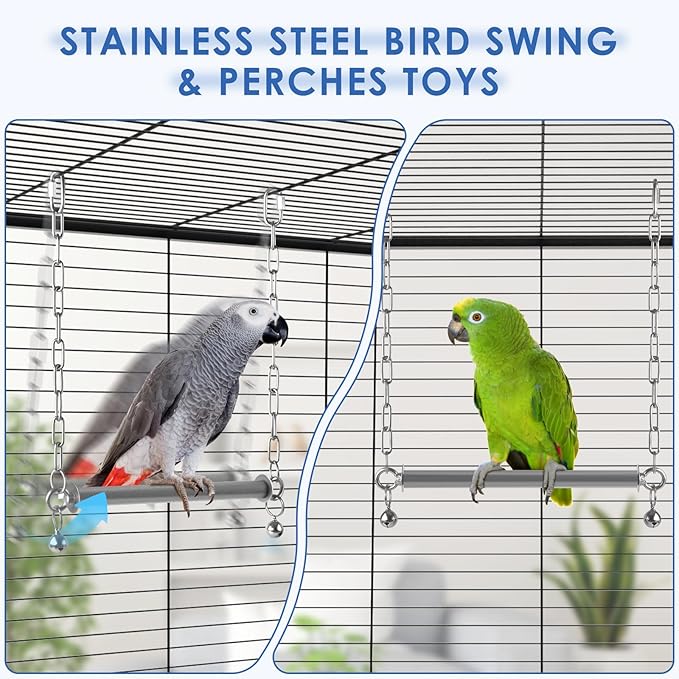 DBNESS Stainless Steel Large Bird Swing, Hanging Heavy Duty Parrot Swings Perches Stand Toys with Bell, Claw Grinding Birdcage Accessories for Macaw Afican Grey Amazon Cockatoo