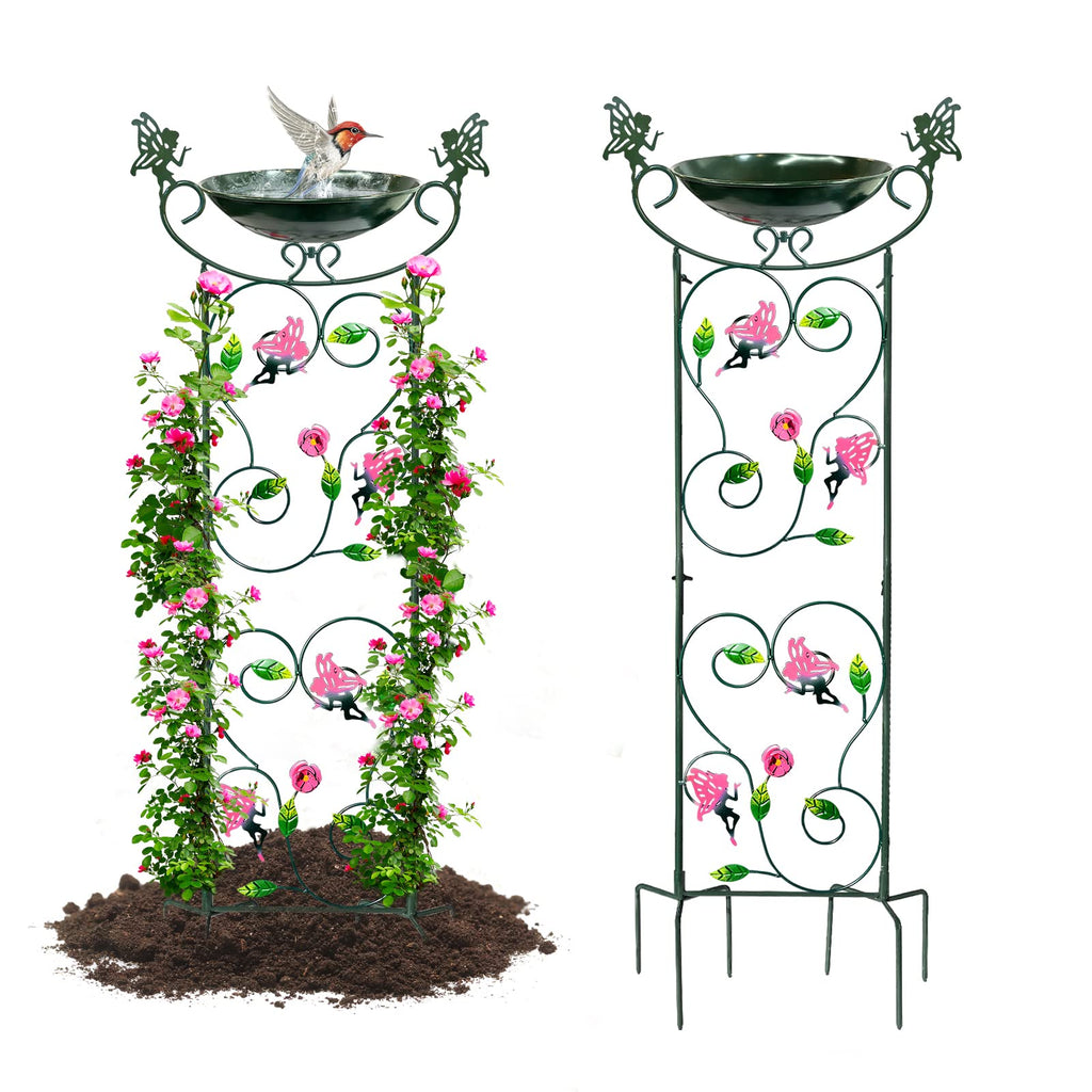 HONGLAND 36.5" Metal Bird Bath with Trellis, Outdoor Garden Birdbath with Detachable Bowl & Climbing Plant Support, Decorative Bird Feeder Station with Fairy for Yard, Patio, Fence
