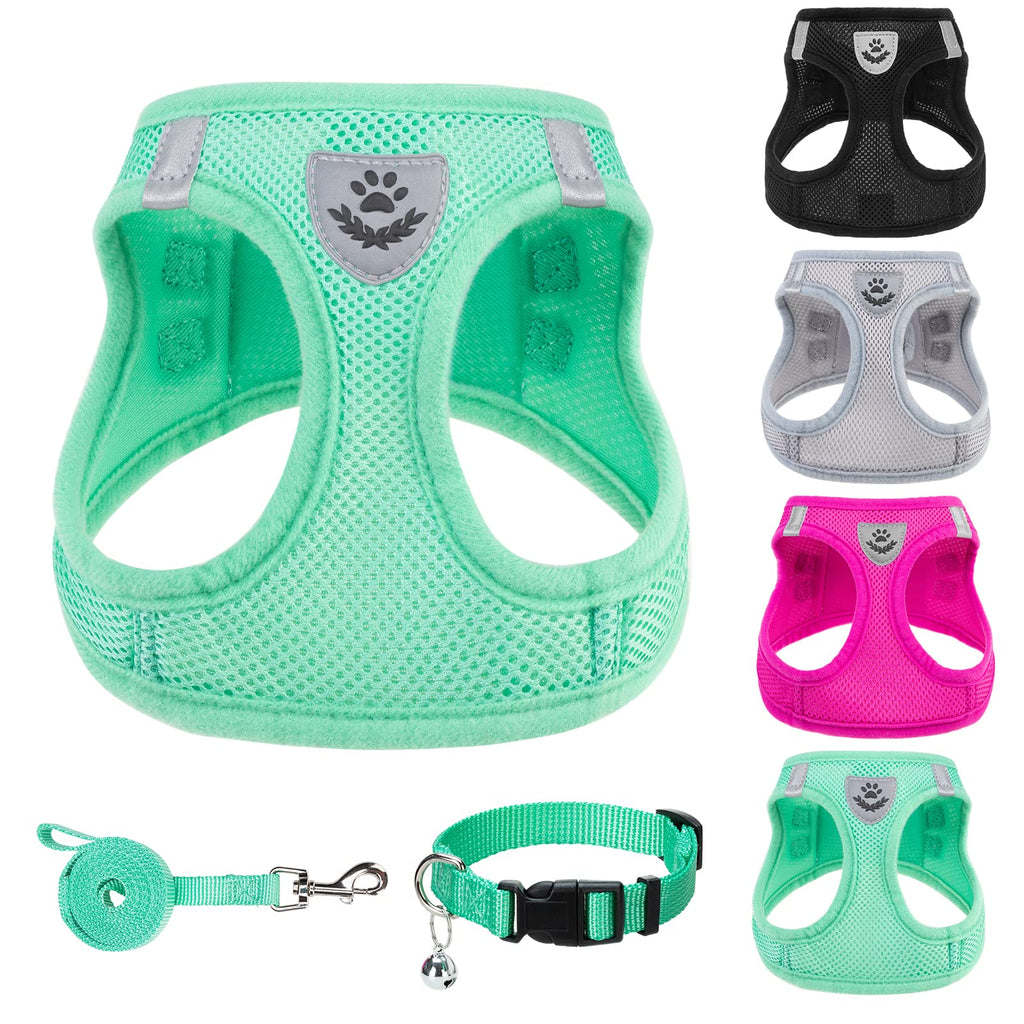 PUPTECK Adjustable Dog Harness Collar and Leash Set Step in No Pull Pet Harness for Small Medium Dogs Puppy and Cats Outdoor Walking Running, Soft Mesh Padded Reflective Vest Harnesses, Solid Green XS