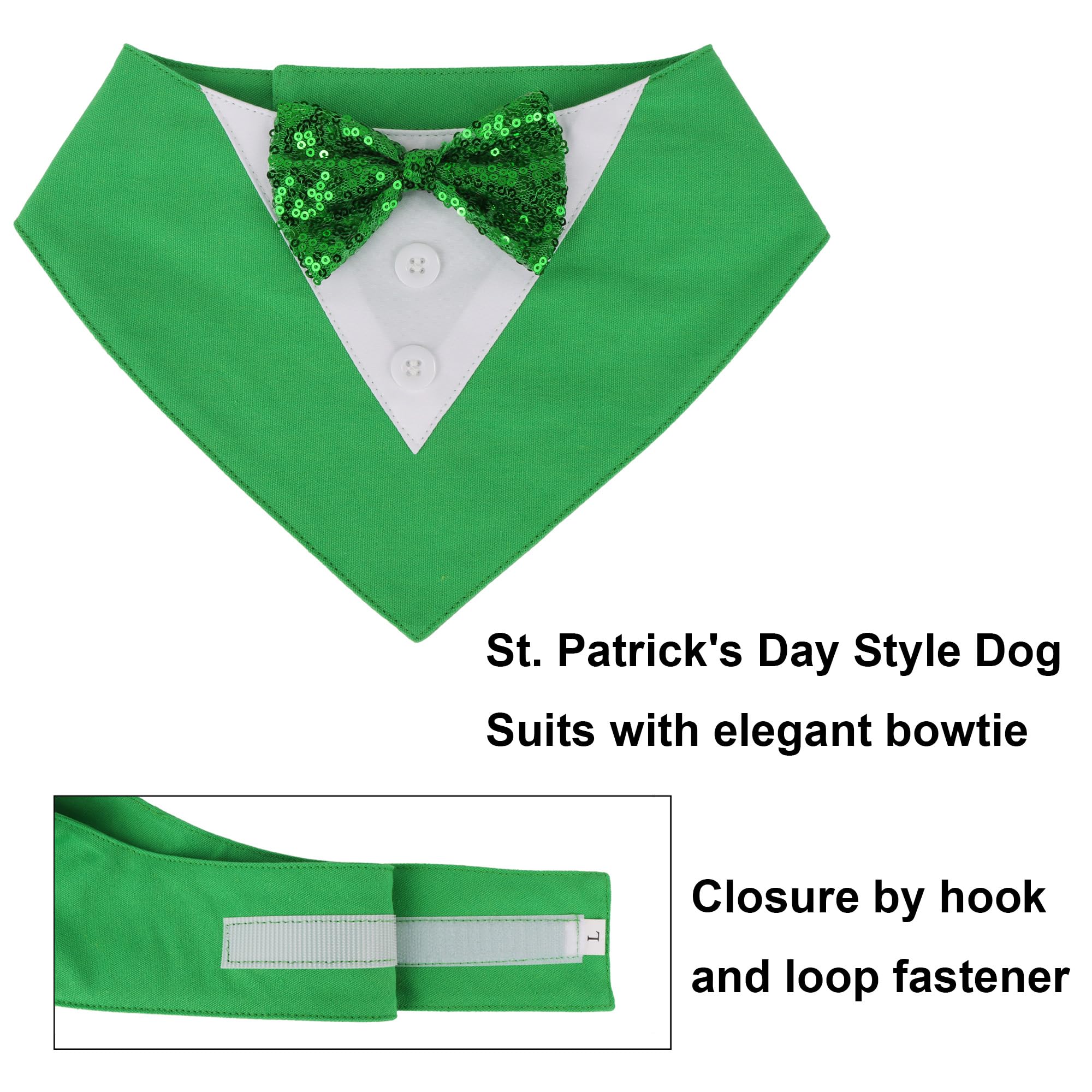 ADOGGYGO St.Patrick's Day Dog Tuxedo Bandana, Green Pet Tux Collar with Bowtie Adjustable St Patricks Costume for Medium Large Dogs Pets (L)
