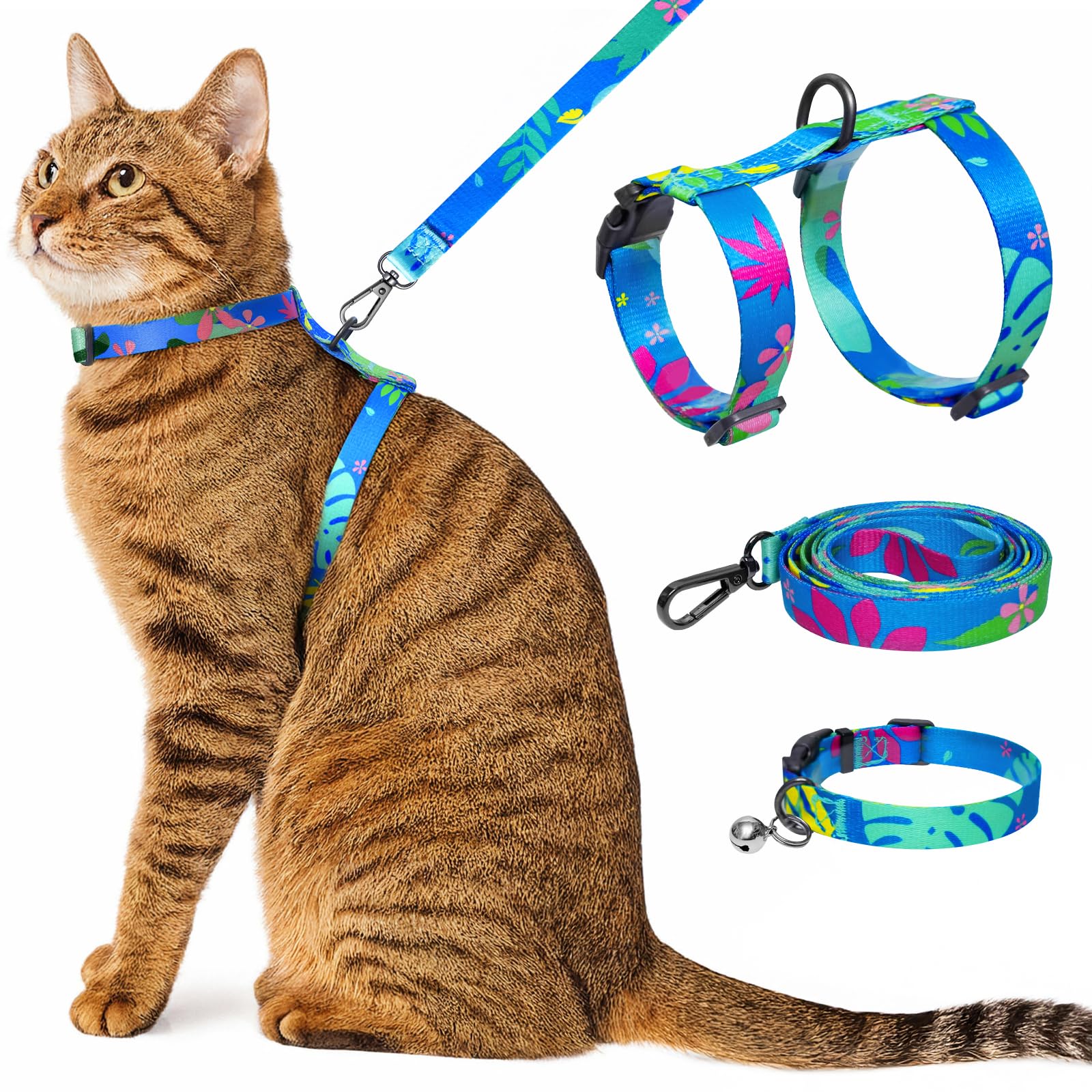 Kaazylab Cat Harness and Leash Set with Matching Collar – Escape Proof Harness for Cats, Adjustable & Lightweight, Tropical Hawaiian Leaf Print, Easy Wear for Outdoor Walking & Training