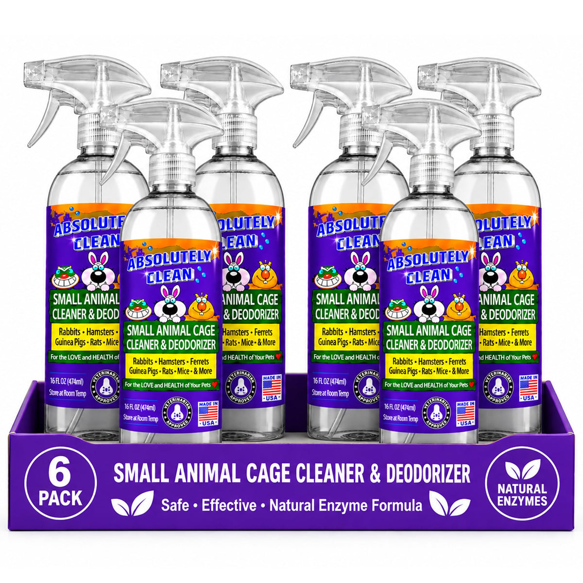 Absolutely Clean Amazing Small Animal Cage Cleaner, Just Spray/Wipe, Easily Removes Messes & Odors - Hamster Cages, Mice, Rat Cage, Guinea Pig Cage, Rabbit Cage, Ferret Cage, Dog Cage - USA Made