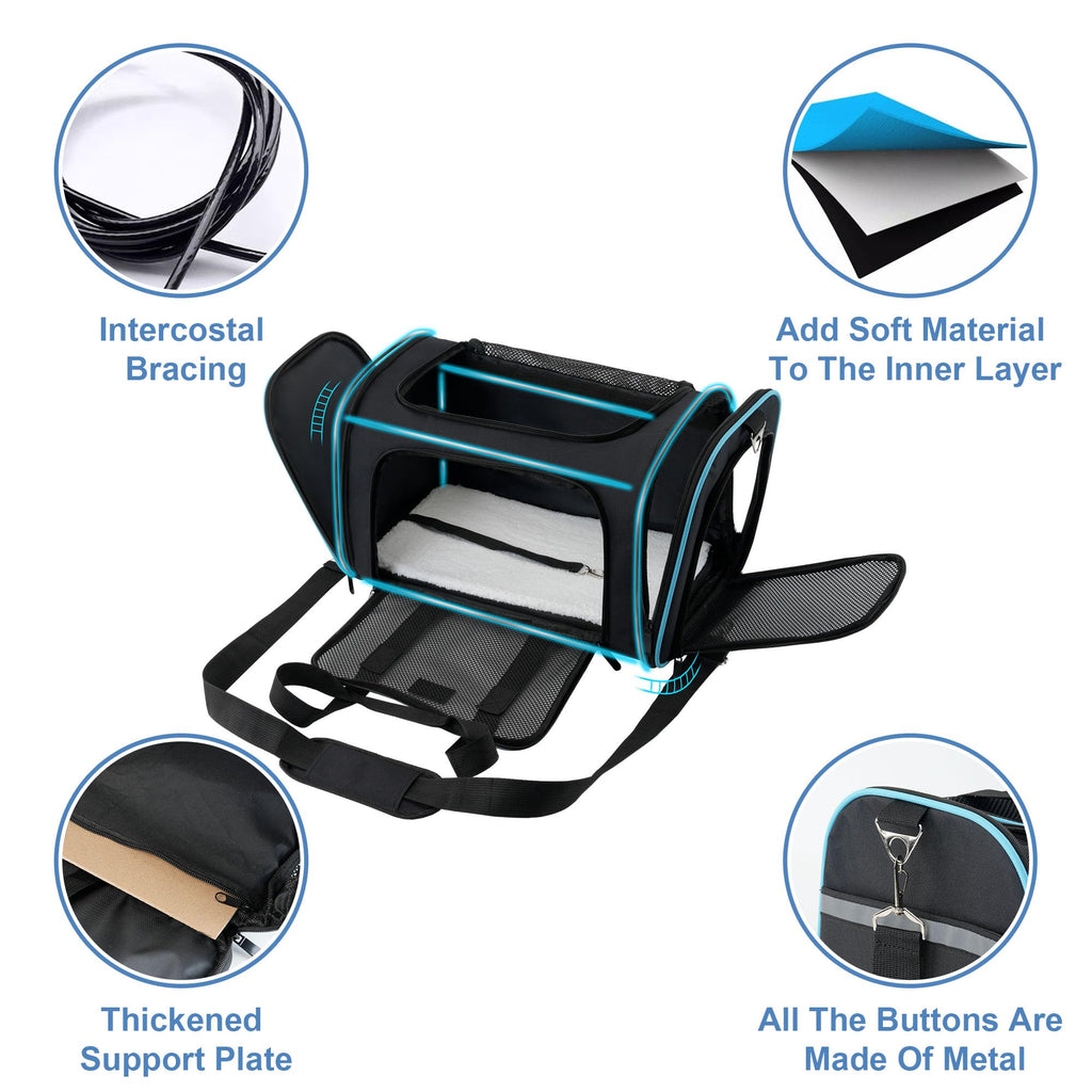 Soundy Large Cat Carrier Dog Carrier Under 25 Lbs,Collapsible Ventilated Portable Pet Bag with Soft Sided Breathable Mesh for Long Car Trips Maxi Load 2 Kittens or Small, Medium Dog (Large Black)