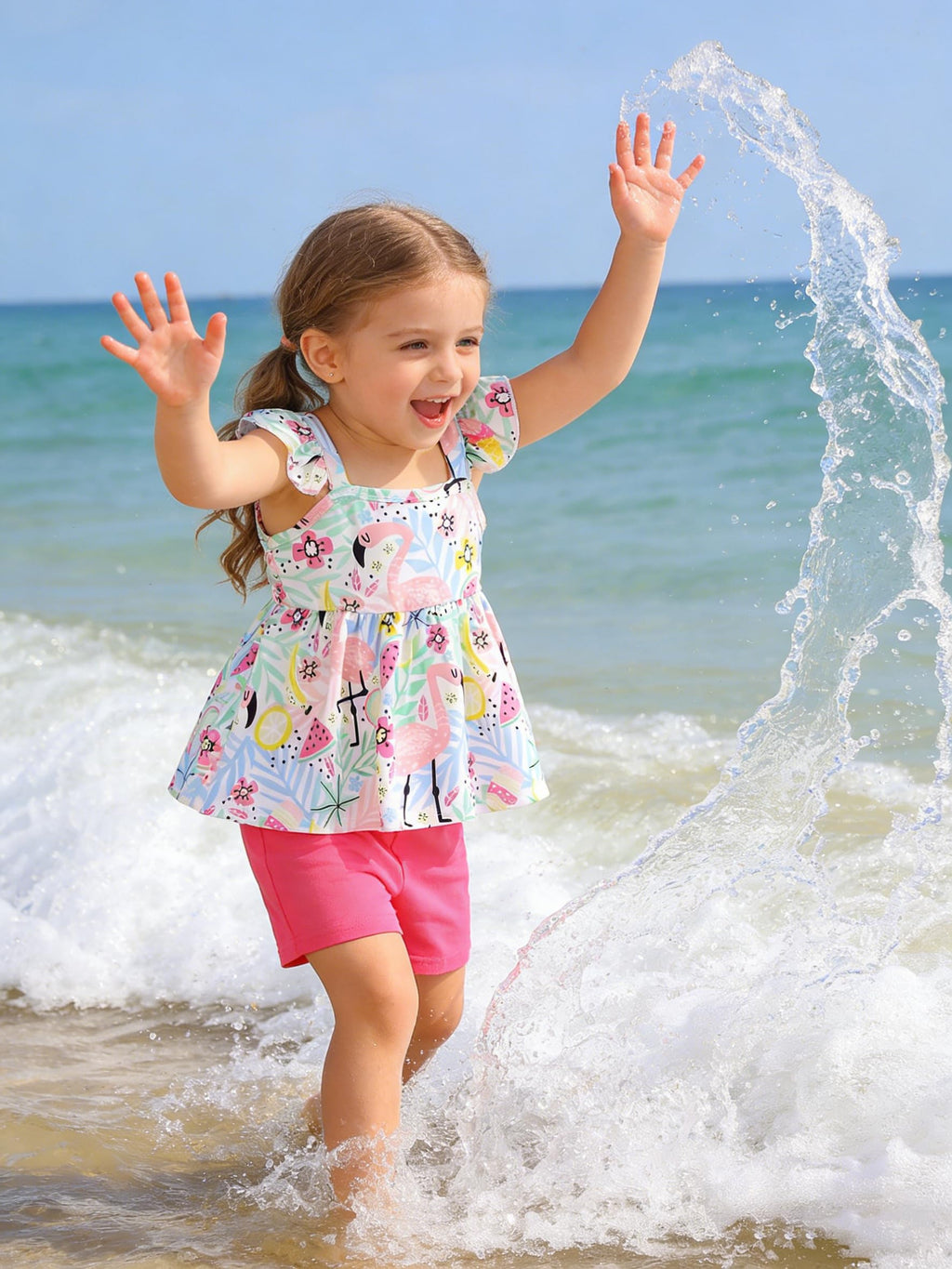 Popshion Girl's Summer 2 Piece Photoshoot Outfits Ruffle sleeve Flamingo Shirt Flower Tops and Pink Elastic Waist Shorts Pants Cute Clothes Set For Kids Size 7t/6700