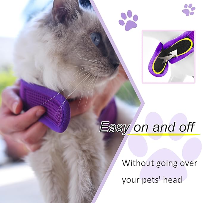 Kitty Harness and Leash for Walking Escape Proof Breathable Mesh Fabric, Purple, Small, Adjustable Cat Walking Jackets with Handle, Padded Stylish Cat Vest