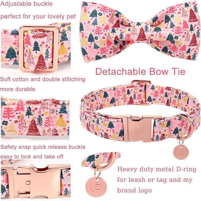 UP URARA PUP Christmas Dog Collar with Bow Tie, Pink Christmas Tree Collars for Dogs, Adjustable Pet Collar with Cute Xmas Tree Pendant, Winter Dog Accessories for Small Medium Large Dogs M