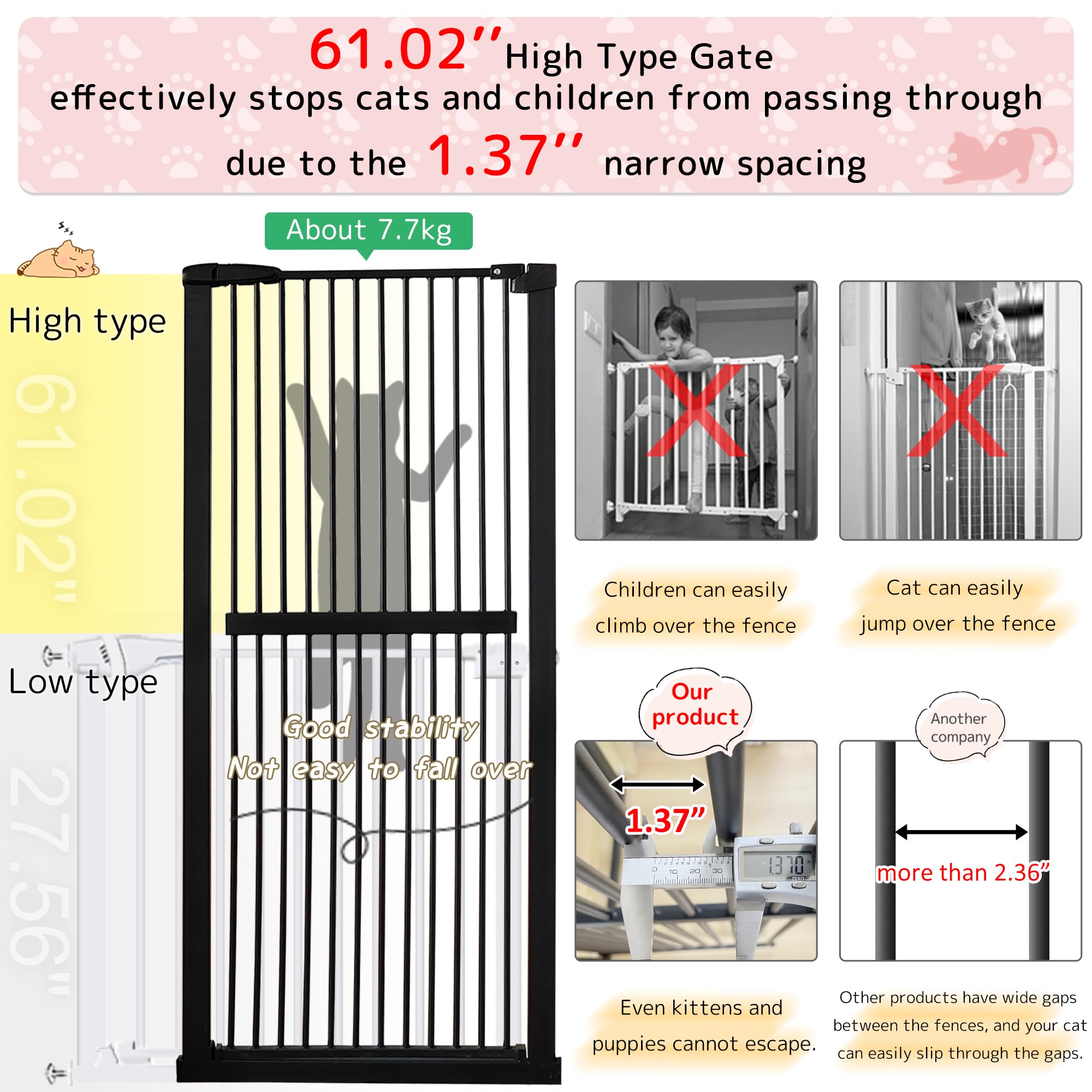 Lumizone 61.02" Extra Tall Pet Gate for Cat Dog 30.12"-34.05" Wide Black