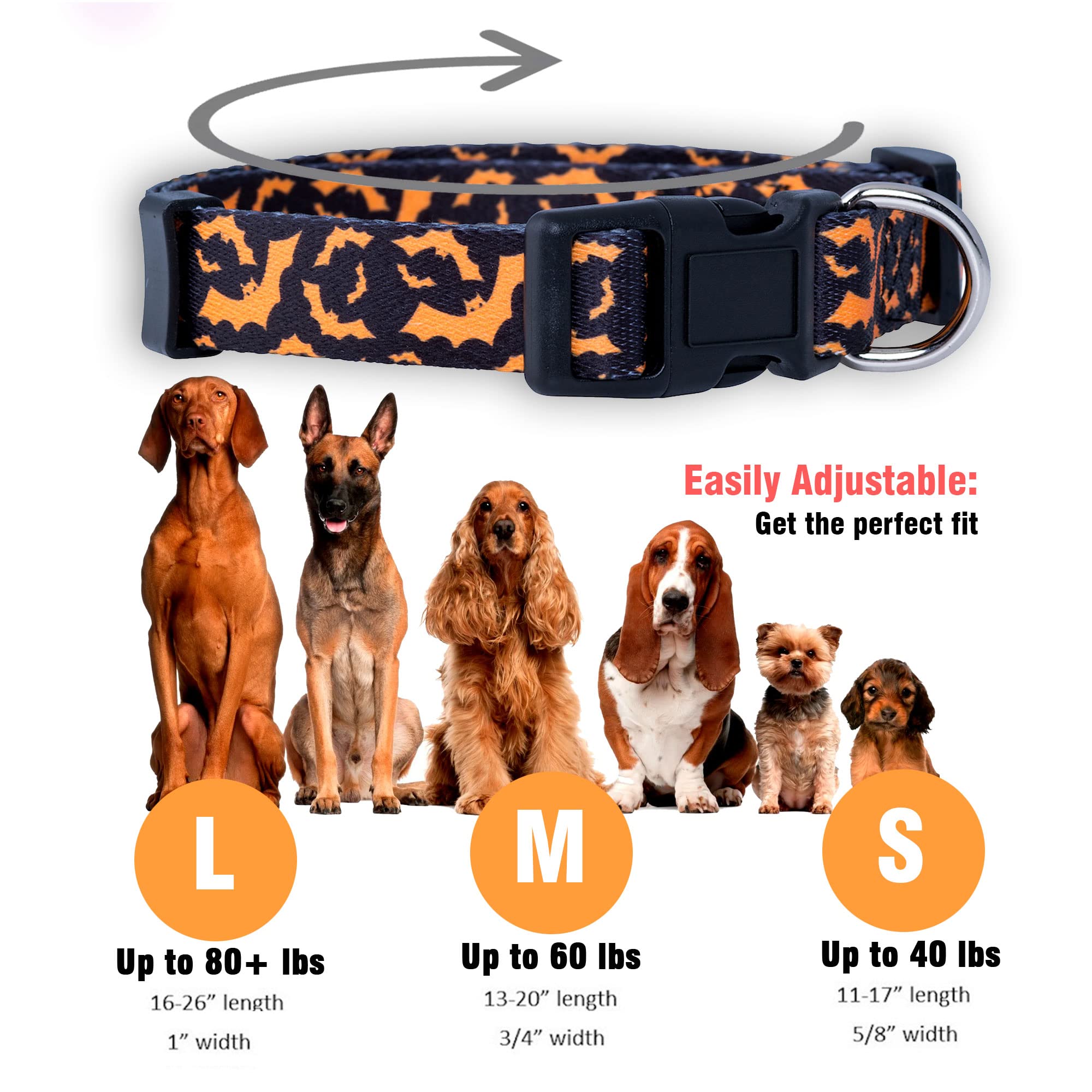 Native Pup Halloween Dog Collar- Spooky Fall Themed Horror Costume Collars- Skull, Pumpkin, Ghost, Bat, Witch, Candy Corn, Spider- Adjustable for Small, Medium, Large Breeds (Medium, Orange Bats)