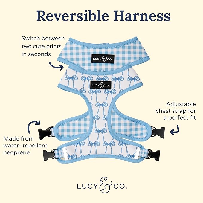 Lucy & Co. Reversible Dog Harness - Water-Repellent Neoprene, Dual-Print Design, Easy Swap Style, Adjustable Comfort Fit - Bowwow Wow! Reversible Harness - Medium