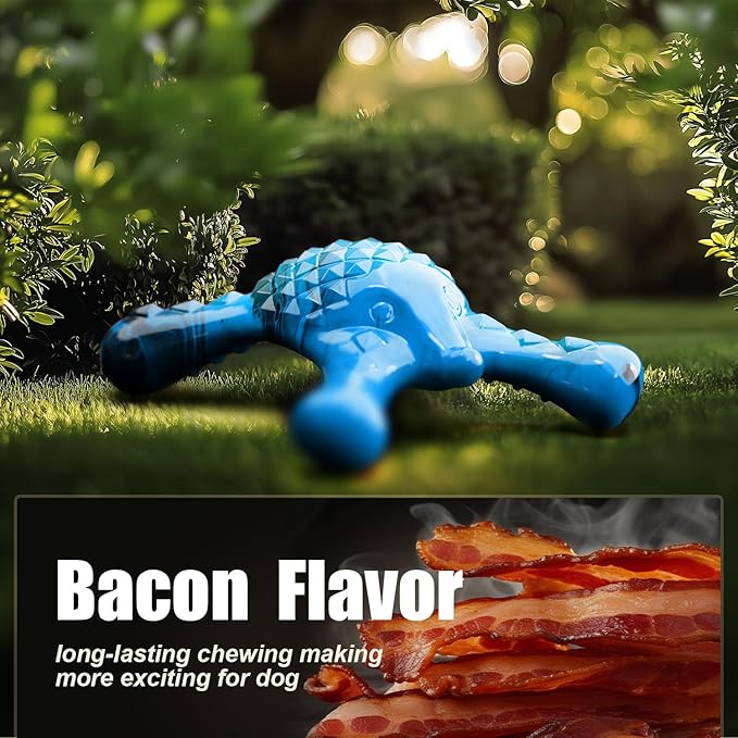 Ouilter Dog Toys for Aggressive Chewers, Nylon Indestructible Toy for Medium Large Dogs, Hedgehog-Shaped Chew Toys with Bacon Flavor, Long Lasting, Dog Toys for Boredom, Blue
