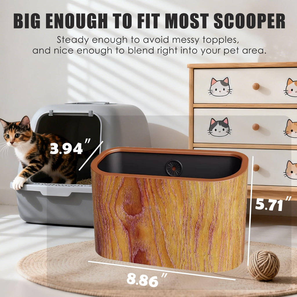 Ayipaqen Cat Litter Scoop Holder – Wood-Grain Dual-Open Scoop Caddy with Bag-Lock Hole, Wide-Mouth Double-Layer Inner Bucket, Mini Desktop Trash Bin for Pet Scoops & Accessories