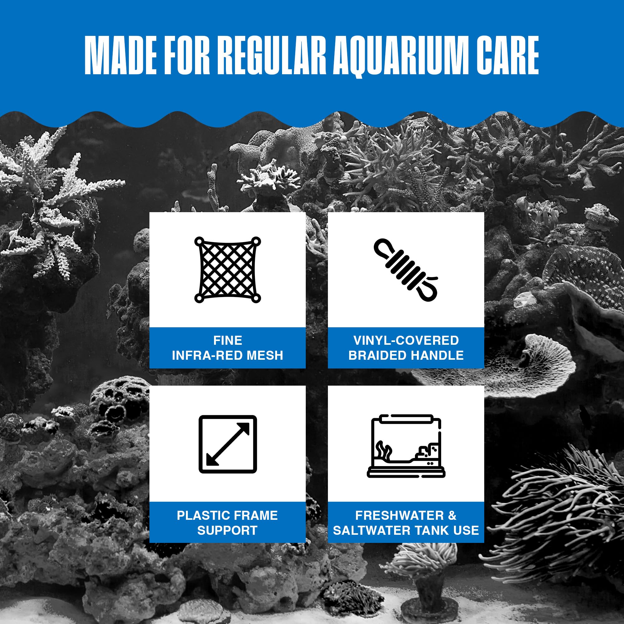 Penn-Plax Infra-Red Quick-Net Aquarium Fish Net - 8 x 6 in Fine Mesh, 10 in Vinyl-Covered Braided Handle - Small Aquarium Cleaning Tool for Gentle Fish Handling - Freshwater & Saltwater Tanks - Red